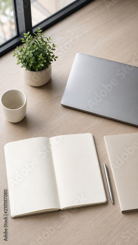 Clean executive desk with blank notebook and closed laptop in natural light
