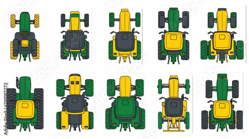 Top View Farm Tractor Collection with Generic Agricultural Vehicles Three Color Vector Asset Set