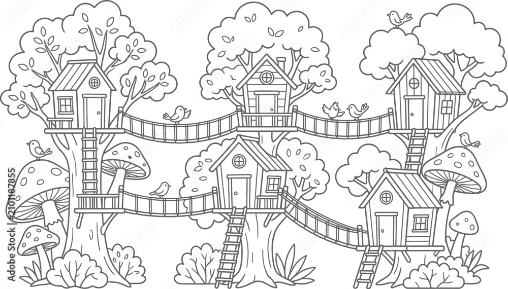 Naklejka premium Enchanting treehouse coloring vector page simple minimal drawing for kids adults relaxation