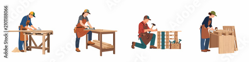Foto Set of illustrations featuring male and female carpenters working on DIY pallet furniture projects, including measuring, planing, hammering, and finishing wood in a workshop