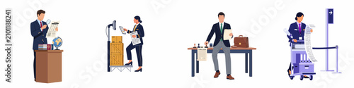 Bild auf Leinwand Collection of professional illustrations representing international shipping logistics, customs clearance, global trade management, and cargo document processing tasks on a white background