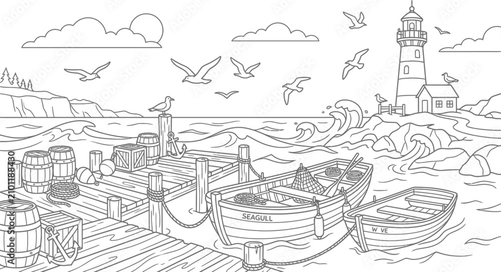 Fototapeta premium Coastal harbor coloring vector page simple clean minimal drawing for kids and adults relaxation