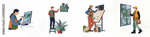 Canvastavla Set of illustrations featuring professionals analyzing geographic data, maps, and satellite imagery using modern technology for cartography and GIS applications