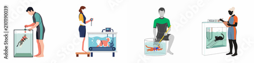 Obraz na płótnie Illustrations of professional animal hydrotherapy sessions showing cats being rehabilitated in water tanks and underwater treadmills by veterinary specialists