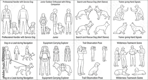 Foto Search and Rescue Dog Handler Vector Collection with Service Dogs Outdoor Traini