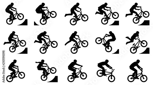 Tableau sur toile BMX rider in dynamic poses during extreme freestyle jumps on ramps vector silhou