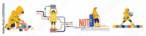 Принти на полотні Educational illustration showing children in yellow raincoats learning about boolean logic gates like AND, OR, NOT, and XOR through interactive play