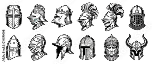 Photos Collection of Vintage Knight Helmets, Medieval Armor Illustrations