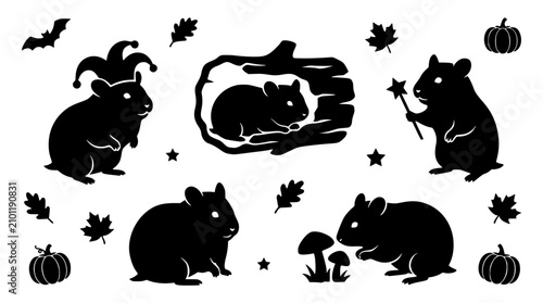 Fotografija Hamster Silhouette Grouping with Autumn Elements and Jester Hat for Festive Grap