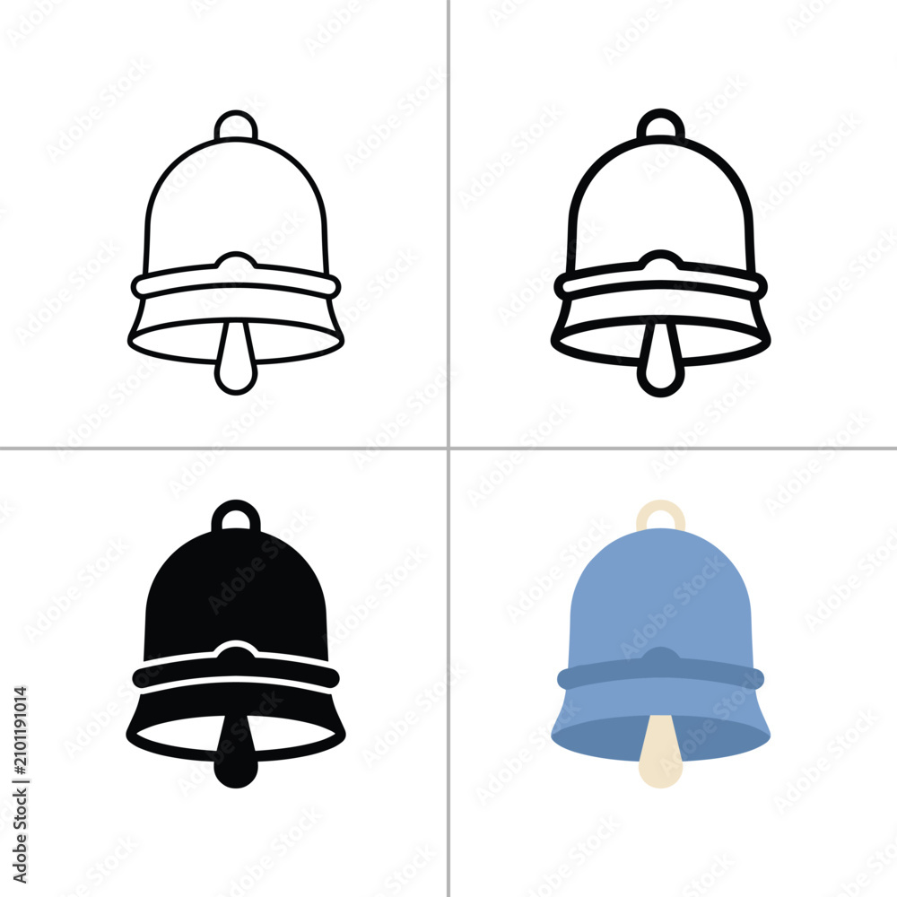 Fototapeta premium Bell icon set a collection of four different styles of bells black white outline and colorful versions.