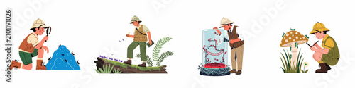 Konstfotografi Set of illustrations depicting young explorers in safari outfits studying various insects like ants and grasshoppers in nature settings
