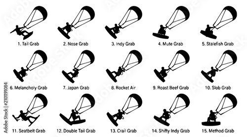 Φωτογραφία Kitesurfing tricks silhouette collection with white background and clear labels
