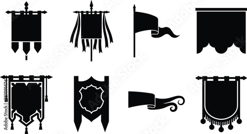 Bild auf Leinwand Medieval Banner and Flag Silhouette Collection Decorative Heraldic Vector Icons