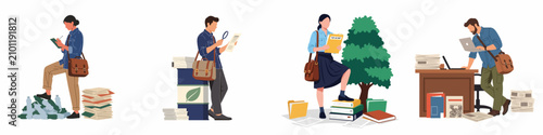 Bilde på lerret Set of flat illustrations featuring investigative journalists and researchers working to uncover secrets and report on environmental issues with documents and technology