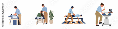 Foto Illustrations of male and female chiropractors performing various physical therapy treatments and spinal adjustments on patients in a clinical setting
