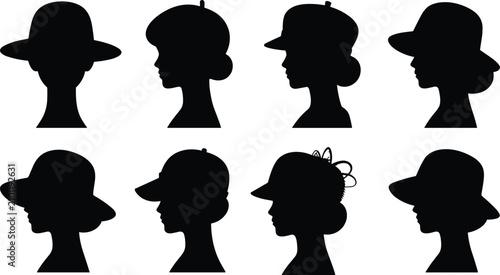 Photography Women Hat Profile Silhouette Collection with Elegant Female Head Fashion Icons