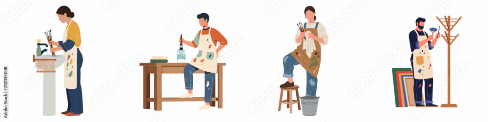 Fototapeta premium Flat vector illustration of various artists cleaning their tools and organizing their studio space.
