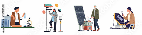 Fotografi Diverse group of scientists and engineers conducting research, testing, and maintenance on solar panels for renewable green energy solutions in various laboratory settings
