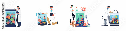 Foto Flat vector illustration of scientists in lab coats conducting research on coral reef ecosystems in laboratory aquariums and tanks
