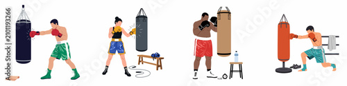 Billede på lærred Vector illustration set of diverse boxers practicing punches on various heavy bags, including men and women in a minimalist flat design style