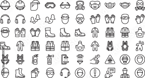 Personal Protective Equipment Line Icons Set for Industrial Safety Vector