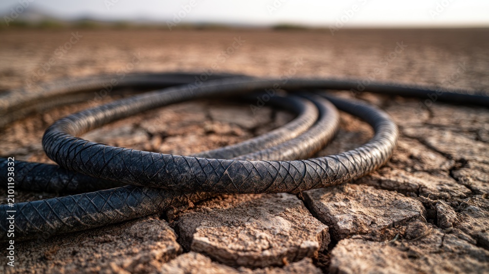 Obraz premium Coiled hose on dry cracked earth