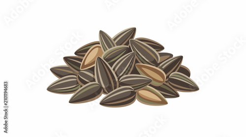 A heap of brown and beige striped seeds are scattered on a surface.