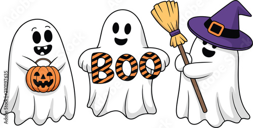 Foto Cute Halloween ghosts cartoon characters vector illustration, spooky white phant