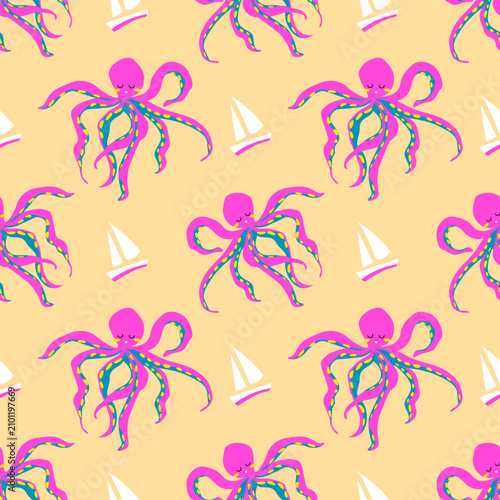 Seamless pattern with cute cartoon octopus and sailboats on yellow background