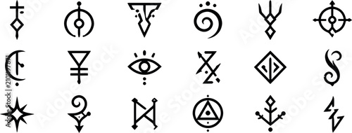 Photos Collection of mystical symbols and occult icons in black and white