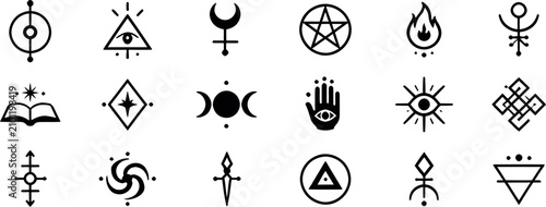 Tableau sur toile Collection of mystical symbols and occult icons in black and white