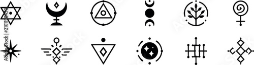 Fotografie Collection of mystical symbols and occult icons in black and white