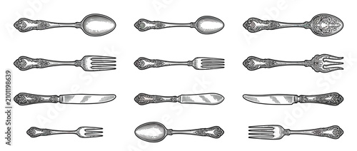 Schilderij op canvas Antique Cutlery Collection Drawing