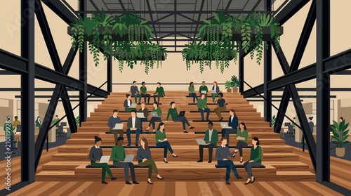 Modern tiered collaborative workspace with diverse professionals, featuring lush hanging plants and industrial beams, symbolizing innovation and flexible work, perfect for corporate training, startup