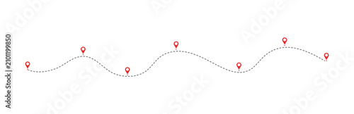 Route icon between 7 points with dotted path and location pin. Vector illustration for graphic design or presentations. 