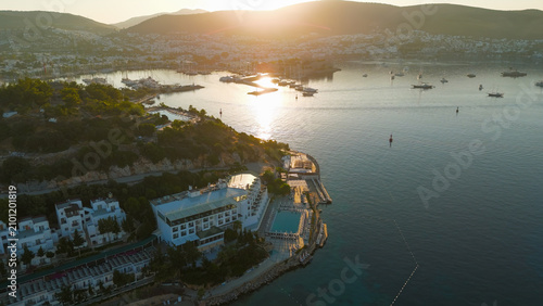 Bodrum, Turkey. Aerial drone view of Gokova Bay coastline with numerous yachts and turquoise water. Scenic maritime landscape of Turkish Riviera.. Aerial View