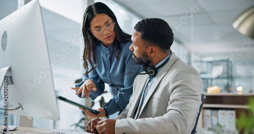 Photography Telemarketing, people and talk in call center with tablet, manager advice or tips for insurance sales