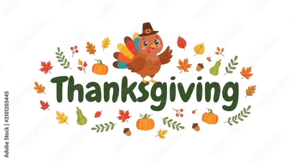 Fototapeta premium Festive thanksgiving day illustration turkey pumpkins and autumn leaves for holiday celebrations