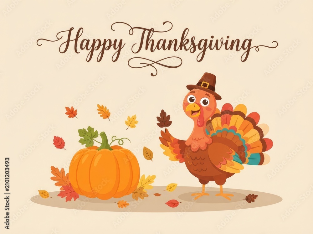 Naklejka premium Festive thanksgiving day illustration turkey pumpkin and autumn leaves for holiday greetings and celebrations