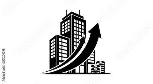 Business growth concept with skyscraper buildings, rising arrow, and coins