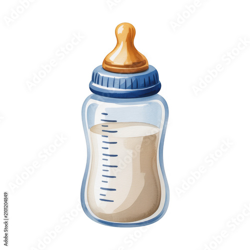 A baby bottle filled with milk on a black background
