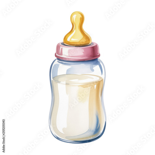 A baby bottle filled with milk on a black background