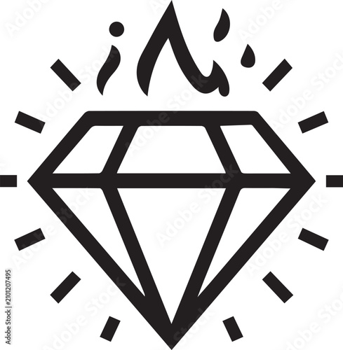 Fotografía Fiery Diamond Icon: A bold, stylized icon featuring a diamond engulfed in flames, symbolizing passion, intensity, or exceptional value, with radiating lines suggesting brilliance