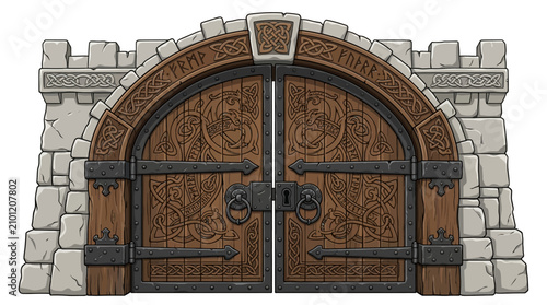 Ancient Norse engravings adorn a sturdy wooden castle gate with metal hinges.