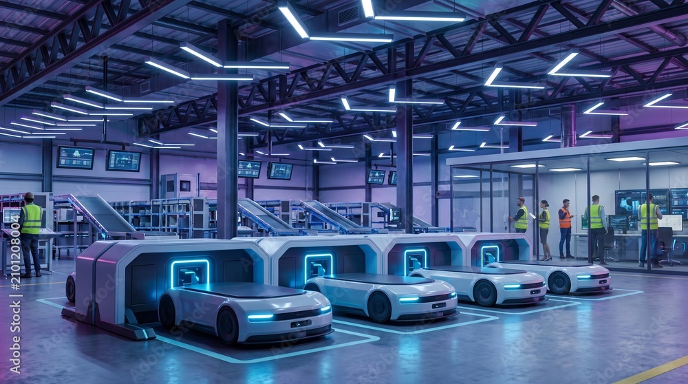 Obraz premium Autonomous Mobile Robots Transporting Cardboard Boxes in Smart Warehouse Logistics Center