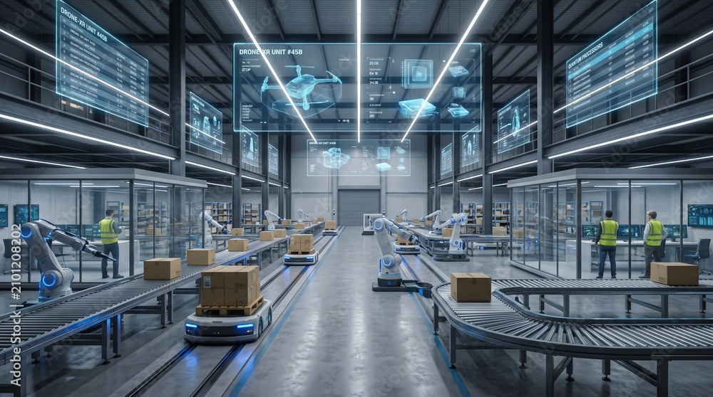 Fototapeta premium Autonomous Mobile Robots Transporting Cardboard Boxes in Smart Warehouse Logistics Center