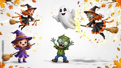 Cute Halloween Characters Animation with Ghost, Flying Witch, Standing Witch and Zombie on White Background 4K Loop