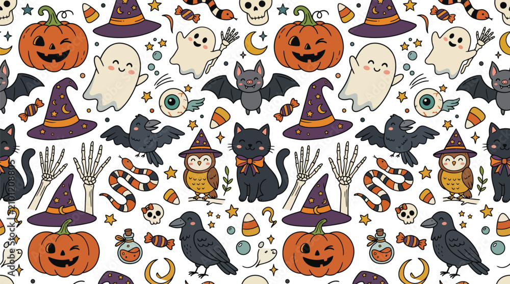 Fototapeta premium Cute Halloween Pumpkin Ghost Raven Witch Hat Seamless Pattern Background Collection Design