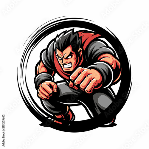 Fotografie Fierce warrior character in dynamic fighting pose.