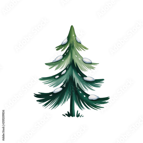 A digital illustration of a snow-covered pine tree on a black background